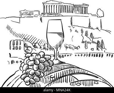 Wein Glas auf Fass vor der Akropolis, Athen, Vektor skizziert Umrisse Artwork Stock Vektor