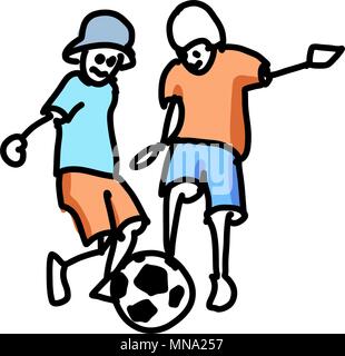 Farbige Doodle Kinder spielen Fußball, Vektor skizziert Umrisse Artwork Stock Vektor