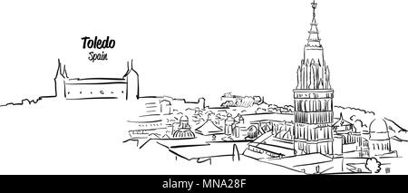 Toledo alte Skyline Panorama Skizze, Hand Vektor Kontur Artwork gezeichnet Stock Vektor