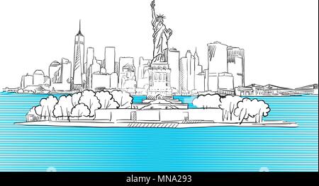 Freiheitsstatue in New York City Skyline Skizze, Hand Vektor Kontur Artwork gezeichnet Stock Vektor
