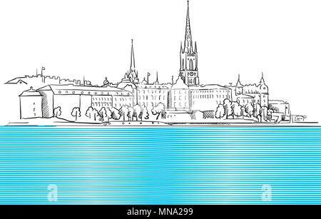 Stockholm Panorama mit blauen Wasser Skizze, Hand Vektor Kontur Artwork gezeichnet Stock Vektor