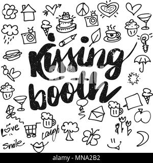 Kissing booth Typo und Doodles, Hand gezeichnet Vektor Kalligraphie Grußkarten-Konzept Stock Vektor