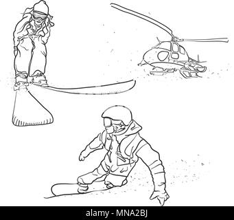 Skifahren, Snowboarden und Hubschrauber Doodle Skizzen, Hand Vektor Kontur Artwork gezeichnet Stock Vektor