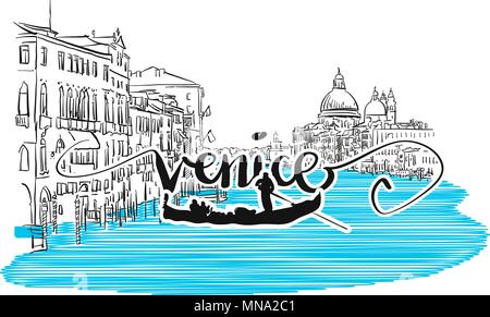 Venedig Grand View Grußkarte Design, Handgezeichneten Vektor Kontur Artwork Illustration Stock Vektor