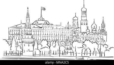 Kreml, Moskau, Panoramablick Grußkarte Skizze, Handgezeichneten Vektor Kontur Artwork Illustration Stock Vektor