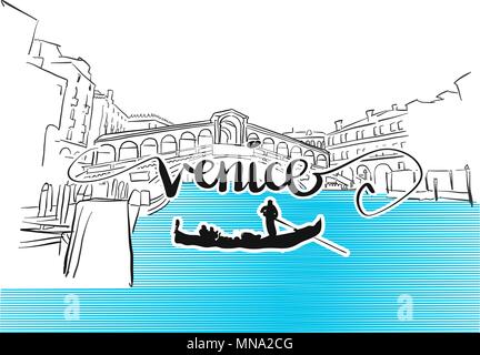 Berühmte Venedig Rialto Brücke Grußkarte Design, Handgezeichneten Vektor Kontur Artwork Illustration Stock Vektor