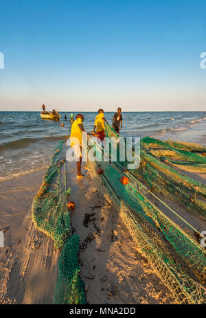 Die handwerklichen Fischer haul out Netze in Inhassoro Mosambik. Stockfoto