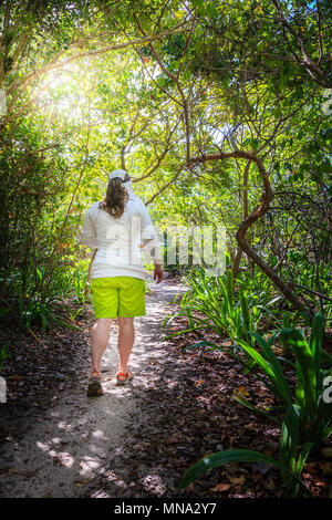 Frau gehen durch einen Wald auf einer kleinen Insel in der Karibik Stockfoto