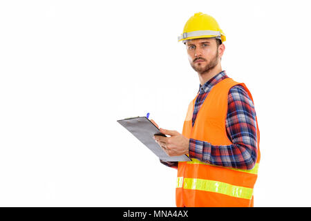 Die Jungen gut aussehenden bärtigen Mann Bauarbeiter Stockfoto