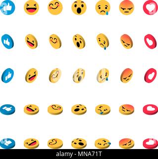 Gelber runder Smiley von verschiedenen Emotionen, wie, Herz in isometrischer. eingestellt. Fröhlich, traurig, lachen, lächeln, schreien, wütend. Andere Ansicht, Position Stock Vektor