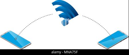 Zwei Handys und WLAN anmelden. Isometrie. weißen Hintergrund. Wireless Internet anmelden. Stock Vektor