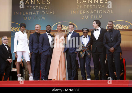 Damaris Lewis, Jasper Paakkonen, John David Washington, Laura Harrier, Topher Grace, Regisseur Spike Lee, Adam Treiber und Corey Hawkins die Teilnahme an der "BlacKkKlansman 'Premiere während der 71St Cannes Film Festival im Palais des Festivals am 14. Mai 2018 in Cannes, Frankreich | Verwendung weltweit Stockfoto