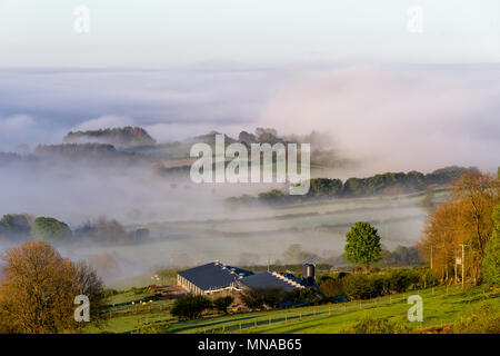 Ystrad Meurig, Ceredigion, Wales, Großbritannien, 15. Mai 2018 Deutschland Wetter: Nebel und umarmt den Oberlauf der Teifi Tal, entlang der Kante der Cambrian Mountains in Wales. Als die Sonne scheint hell über der kleinen ländlichen Dorf Ystrad Meurig. Credit: Ian Jones/Alamy leben Nachrichten Stockfoto