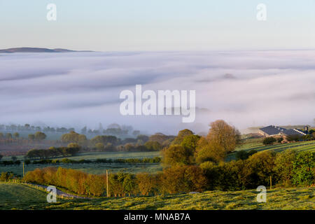 Ystrad Meurig, Ceredigion, Wales, Großbritannien, 15. Mai 2018 Deutschland Wetter: Nebel und umarmt den Oberlauf der Teifi Tal, entlang der Kante der Cambrian Mountains in Wales. Als die Sonne scheint hell über der kleinen ländlichen Dorf Ystrad Meurig. Credit: Ian Jones/Alamy leben Nachrichten Stockfoto