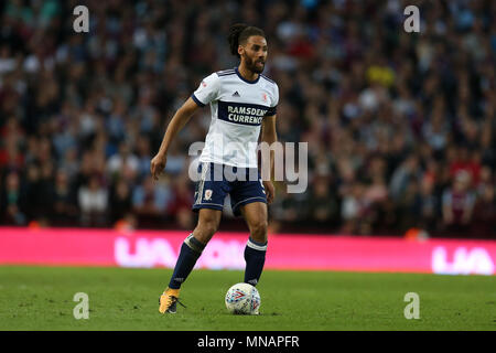 Birmingham, Großbritannien. 15. Mai 2018. Ryan Shotton von Middlesbrough in Aktion. EFL Skybet Meisterschaft Play off Halbfinale 2 Bein übereinstimmen, Aston Villa v Middlesbrough in der Villa Park in Birmingham, Midlands am Dienstag, den 15. Mai 2018. Dieses Bild dürfen nur für redaktionelle Zwecke verwendet werden. Nur die redaktionelle Nutzung, eine Lizenz für die gewerbliche Nutzung erforderlich. Keine Verwendung in Wetten, Spiele oder einer einzelnen Verein/Liga/player Publikationen. pic von Andrew Obstgarten/Andrew Orchard sport Fotografie/Alamy leben Nachrichten Stockfoto