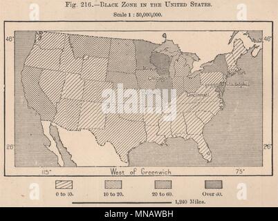 Schwarze Zone in den Vereinigten Staaten und Bevölkerung. USA 1885 alte antike Karte chart Stockfoto