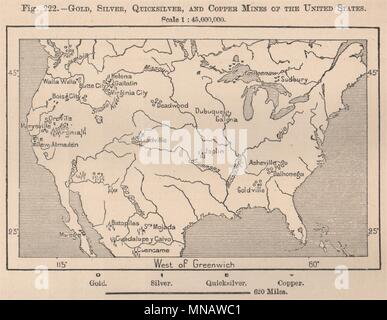 Gold Silber Quecksilber (Quecksilber) Kupferminen der Vereinigten Staaten. USA 1885 Karte Stockfoto