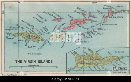 Britische/AMERIKANISCHE JUNGFERNINSELN Tortola Virgin Gorda St. Croix St. Thomas/John 1927 Karte Stockfoto