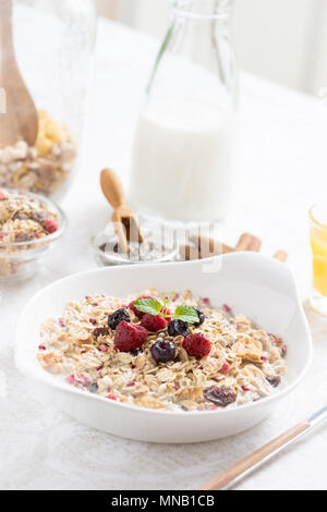 Sonnigen Morgen mit einem gesunden Frühstück. Müsli mit Milch, Chia Samen, Beeren und Zimt. Stockfoto