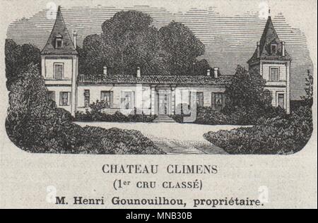 GRANDS VINS BLANCS. BARSAC. Chateau Climens (1er Cru Classé). Kleine 1908 Drucken Stockfoto