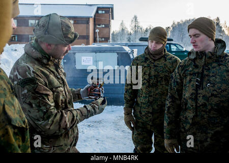 Ein Vereinigtes Königreich Royal Marine Schriftsatz US-Marines mit Marine Drehkraft 17,2 auf, wie man richtig ein Feld Herd während der Übung weiß Claymore in Bardufoss, Norwegen, Jan. 29, 2018 zu nutzen. Weiß Claymore ist eine Gemeinsame bi- arktische Kälte training Package führte durch das Vereinigte Königreich Royal Marines zu schulen, die gute Kenntnisse in kaltem Wetter Operationen auszuwerten und strategische Zusammenarbeit und Partnerschaft zwischen den US-Marines und U.K. Royal Marines verbessern. (U.S. Marine Corps Stockfoto