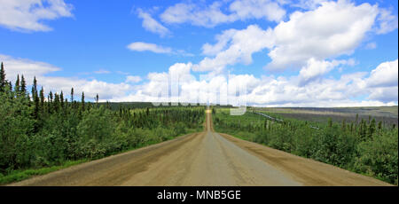 Ansicht der Dalton Highway mit Öl Pipeline führt von Valdez, Fairbanks nach Prudhoe Bay, Alaska, USA Stockfoto