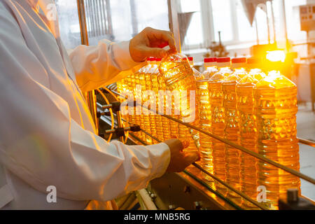 Sonnenblumenöl. Olivenöl. Die Mitarbeiter der Fabrik in einem weißen Mantel hält eine Flasche Öl in seine Hände auf ein Förderband. Die Produktion von Öl. Stockfoto