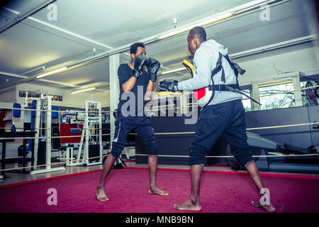 Boxing Trainer tragen Schutzweste und focus Mitts während des Trainings Stockfoto