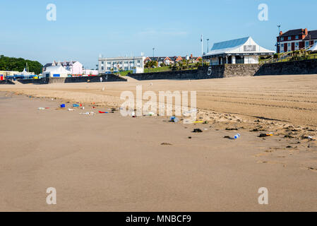 Wurf auf dem sandigen Strand an der Bucht von Whitmore, Barry Island, Wales, früh an einem hellen, sonnigen Morgen. Stockfoto