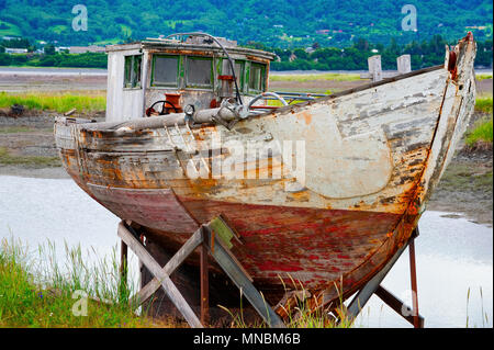 Verfallende abgebrochener Boot sitzen auf einem trockendock Rack, in einer Wiese vom Wanderweg am Ufer des Kachemak Bucht in Homer, Alaska gesehen. Stockfoto