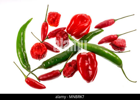 Vielzahl von Rote und grüne Paprika (Capsicum annuum und Capsicum chinense), einschließlich grüne Cayenne, Birds Eye, Habaneros und Carolina Reaper, her Stockfoto