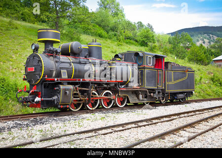 MOKRA GORA, Serbien - Juli 14: die Lok von Shargan acht Eisenbahn auf Juli 14,2013. Es ist eine Schmalspurige Museumsbahn in Serbien, läuft aus. Stockfoto