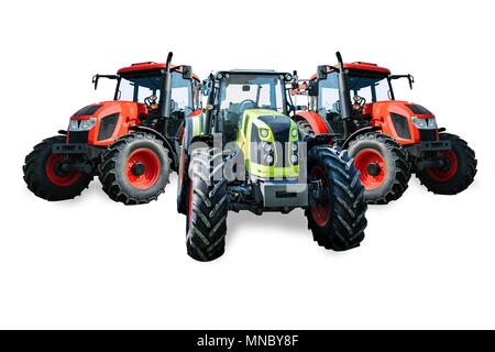 Gruppe der neuen und modernen landwirtschaftlichen generische Traktoren auf weißem Hintergrund (gemischt) Stockfoto