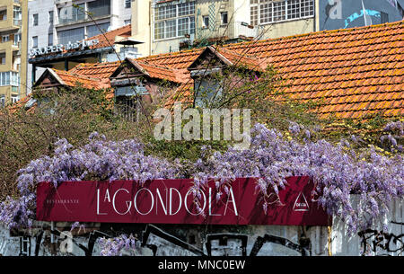 Fassade des Restaurant La Gondola von blühenden Glyzinien verbesserte Stockfoto