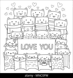 Süße Katzen geben liebt Doodle für Design Element, Happy Valentines Day, Karten und Malbuch Seite für Kinder. Vector Illustration Stock Vektor