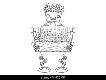 Hand cute Natur freundlich Roboter für Design Element und Malbuch Seite für Kinder und Erwachsene aufgestellt. Vector Illustration Stock Vektor