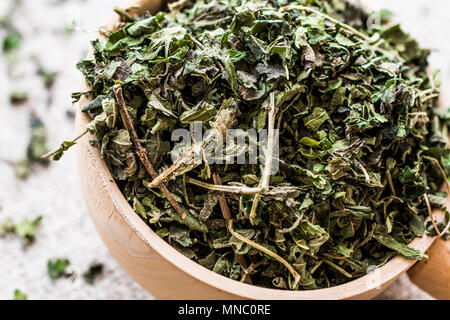 Getrocknete Tote Nessel/isirgan otu oder Urtica urens Schöpfkelle aus Holz. Organische Konzept. Stockfoto