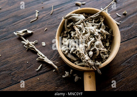 Trocknen Salbei Tee in Holz- Pfanne. Ökologische Lebensmittel. Stockfoto