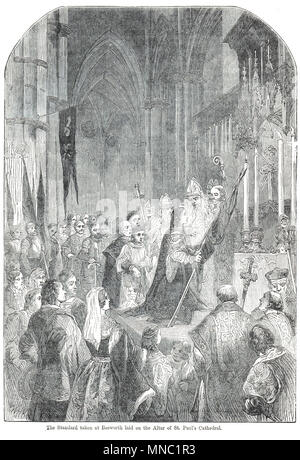 Die Standards bei Bosworth, gelegt auf dem Altar der St. Paul's Cathedral, London, 28. August 1485, im Zustand nach der Schlacht von Bosworth Field 6 Tage früher Stockfoto