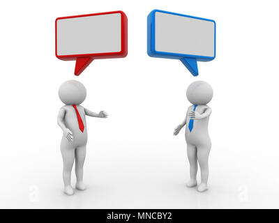 3D-Menschen sprechen mit Sprechblasen. 3D-Bild. Isoliert weißer Hintergrund. Stockfoto