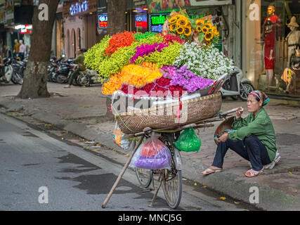 Hanoi, Vietnam - 27. Oktober 2017: Straßenhändler in Hanoi, Vietnam verkauft Blumen von seinem Fahrrad. Stockfoto