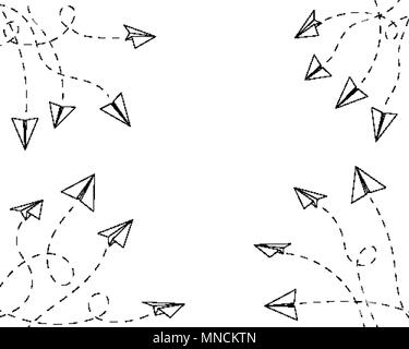 Papier Flugzeuge und gestrichelte Linien Ecke Rahmen Hintergrund Stock Vektor