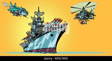 Military Aircraft Carrier mit Kampfjets und Hubschrauber Stock Vektor
