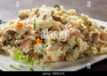 Reis mit Hühnerfleisch und Pilze, Kräuter und Gemüse auf dem Teller Stockfoto