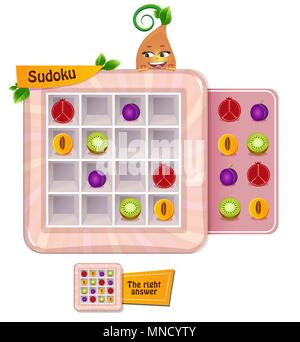 Sudoku Spiel für Kinder mit Bildern. Kinder Blatt. Ausbildung Logik, Lernspiel Stock Vektor