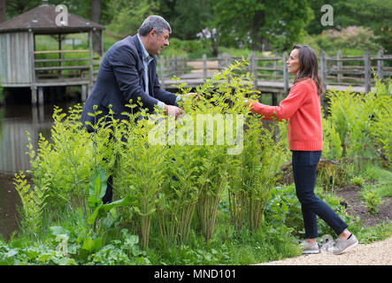 Florist Philippa Craddock und Hüter der Gärten im Windsor Great Park John Anderson, Auswahl von Pflanzen aus den Savill Garden in der Blumenschmuck im St George's Chapel, Windsor für die Hochzeit von Prinz Harry und Meghan Markle verwendet werden. Stockfoto