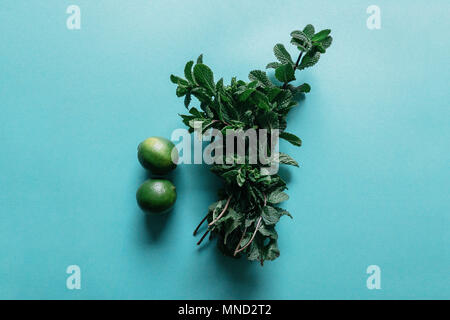 Hohe Betrachtungswinkel von Minze und Zitronen auf blauem Hintergrund Stockfoto