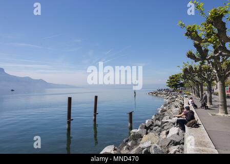 West Schweiz Vevey Genfer See Mai 2017 Skulptur die Gabel von Jean-Pierre Zaugg, in den Genfer See, Alimentarium Museum für Ernährung | Verwendung weltweit Stockfoto
