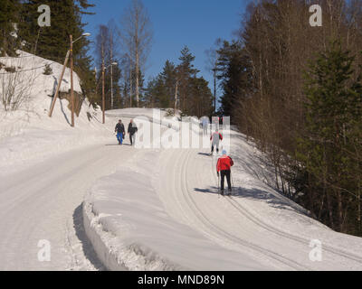 In mariholtet Ostmarka ist ein beliebtes Ziel für Skifahrer und Wanderer auf einem winter Sonntag in Oslo, Norwegen, gut präparierte Pisten Stockfoto