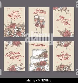 Set von 6 vintage Hochzeit Karten auf Skizzen und Pinsel Kalligraphie basiert. Schließt Wein Glas, Blumenstrauß und Kuchen. Stock Vektor
